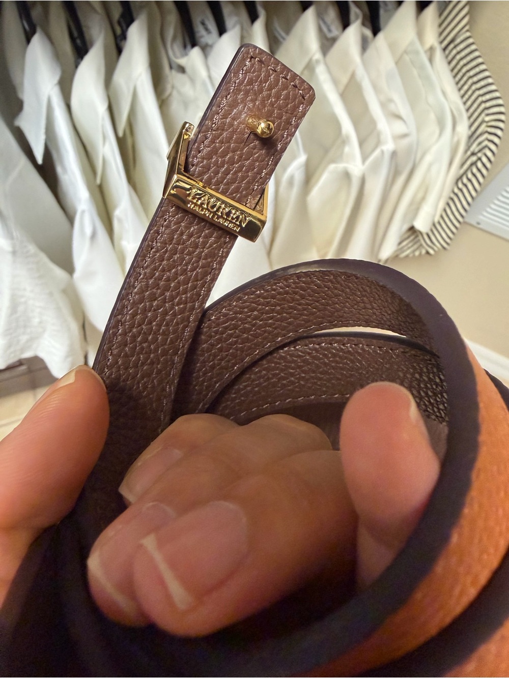 Ralph Lauren Pebbled Leather Belt with Gold RL Buckle - Brown - Picture 3 of 5